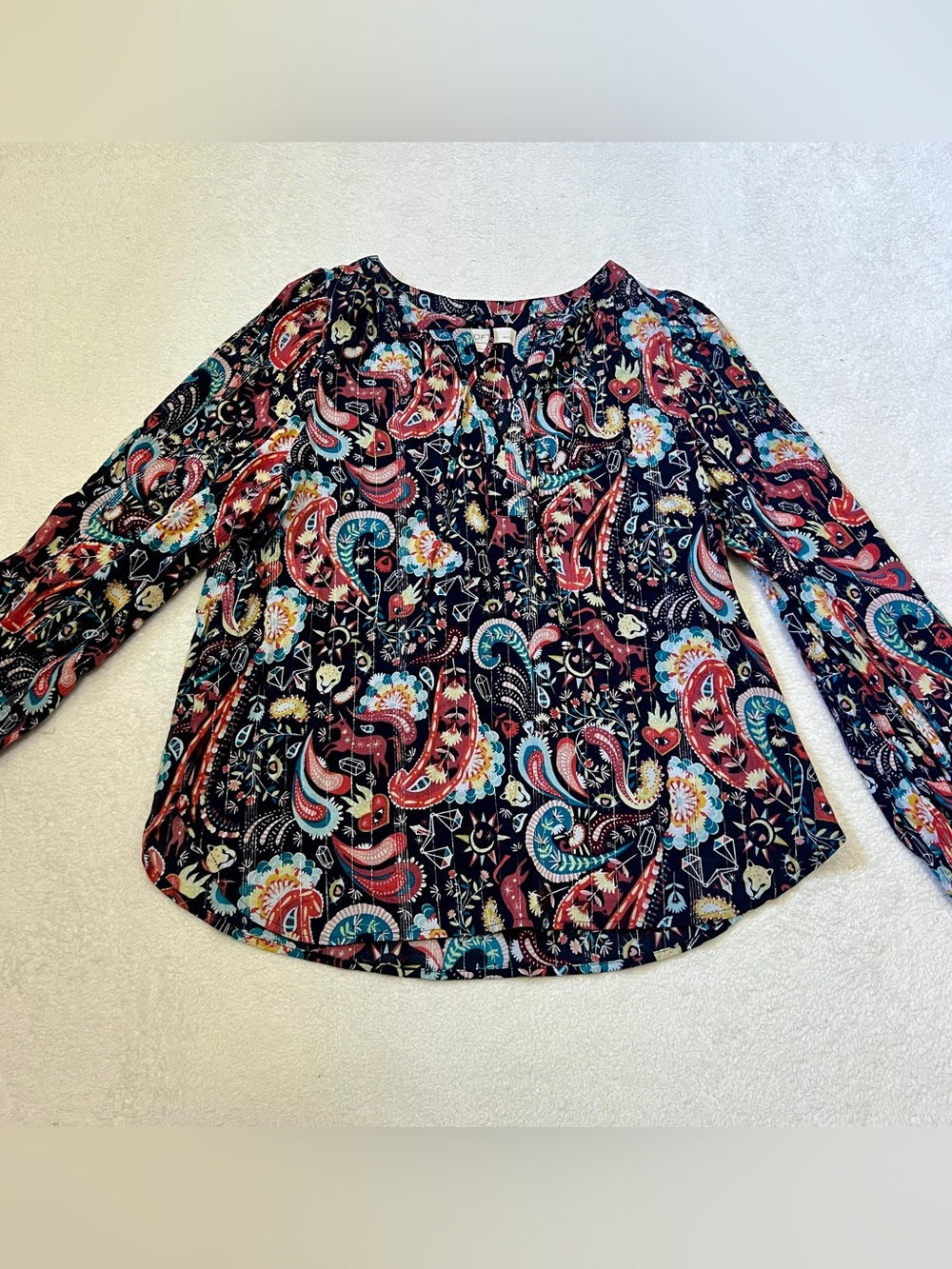 Loft Whimsical Metallic Paisley Long Sleeve Blouse - Small Petite - Picture 2 of 11